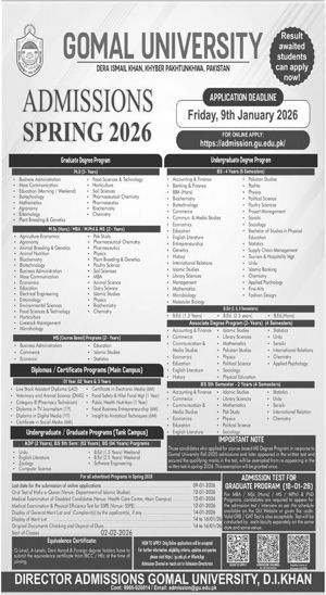 Admission notice for Gomal University Dera Ismail Khan (DI Khan)